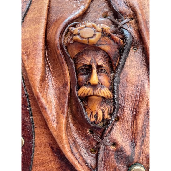 Rustic Leather Writing Journal NoteBook with Beaded Man's Face Engraved on Cover - Picture 2 of 9